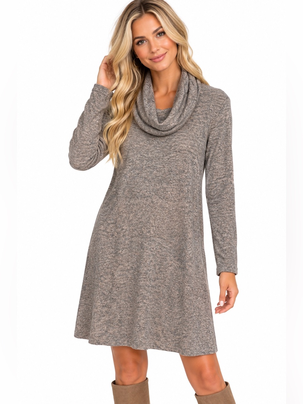 Anthropologie Size Medium Cozy Cowl Neck Swing Dress - Taupe Gray